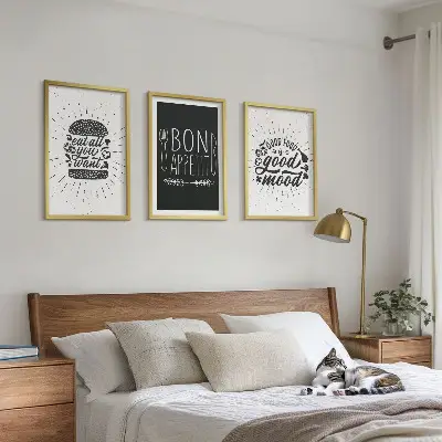 Conjunto de quadros decorativos para sala de estar com estampas de gráficos, comida e slogans culinários