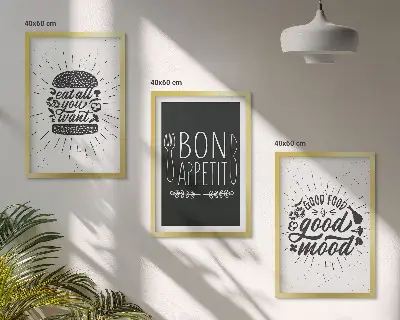 Conjunto de quadros decorativos para sala de estar com estampas de gráficos, comida e slogans culinários