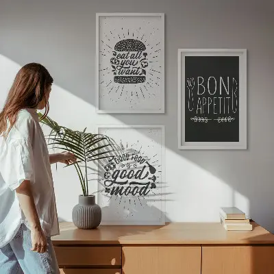 Conjunto de quadros decorativos para sala de estar com estampas de gráficos, comida e slogans culinários