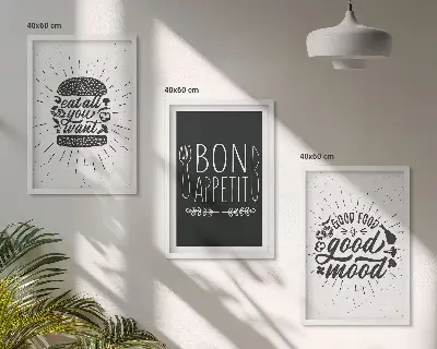 Conjunto de quadros decorativos para sala de estar com estampas de gráficos, comida e slogans culinários