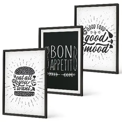 Conjunto de quadros decorativos para sala de estar com estampas de gráficos, comida e slogans culinários