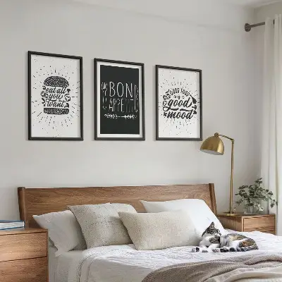 Conjunto de quadros decorativos para sala de estar com estampas de gráficos, comida e slogans culinários