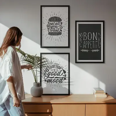 Conjunto de quadros decorativos para sala de estar com estampas de gráficos, comida e slogans culinários