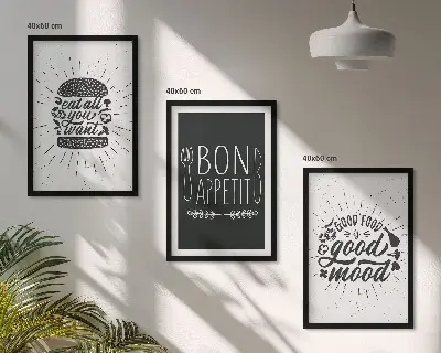 Conjunto de quadros decorativos para sala de estar com estampas de gráficos, comida e slogans culinários
