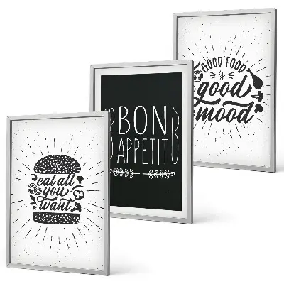 Conjunto de quadros decorativos para sala de estar com estampas de gráficos, comida e slogans culinários