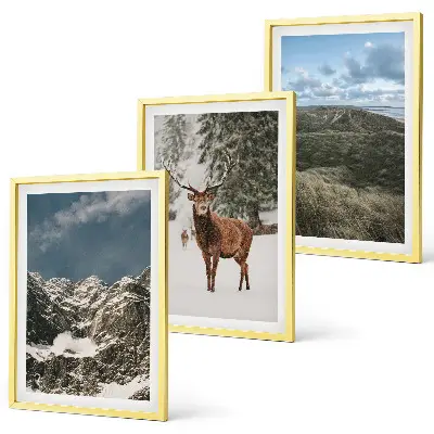 Conjunto de 3 quadros com moldura paisagem de floresta e cervos nas montanhas