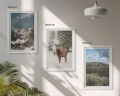 Conjunto de 3 quadros com moldura paisagem de floresta e cervos nas montanhas