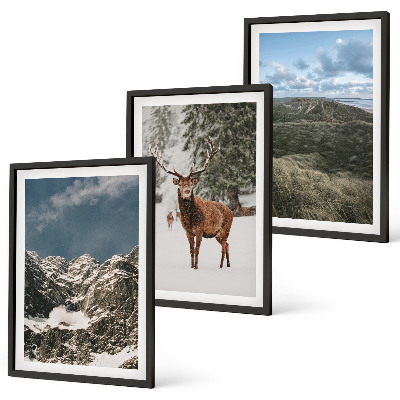 Conjunto de 3 quadros com moldura paisagem de floresta de cervos-das-neves nas montanhas