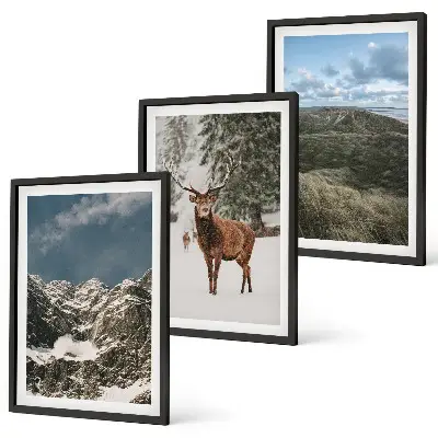 Conjunto de 3 quadros com moldura paisagem de floresta e cervos nas montanhas
