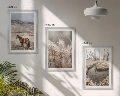 Conjunto de quadros para sala de estar com tema de cavalos, paisagem, grama e riacho