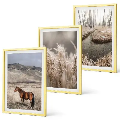 Conjunto de quadros para sala de estar com tema de cavalos, paisagem, grama e riacho