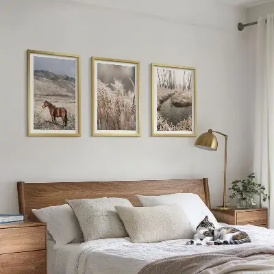 Conjunto de quadros para sala de estar com tema de cavalos, paisagem, grama e riacho
