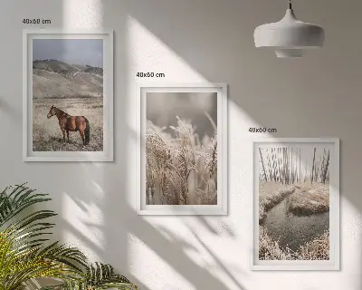 Conjunto de quadros para sala de estar com tema de cavalos, paisagem, grama e riacho