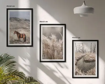 Conjunto de quadros para sala de estar com tema de cavalos, paisagem, grama e riacho