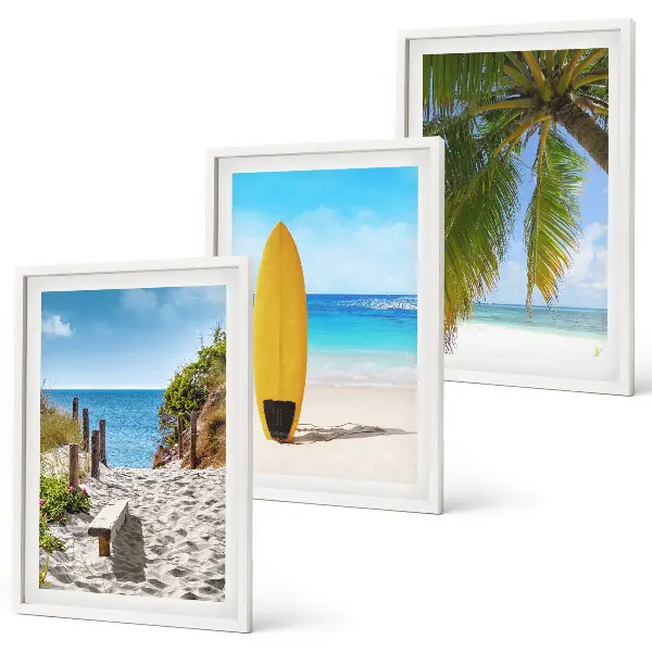 Conjunto de 3 quadros com moldura de praias de férias com ondas e palmeiras