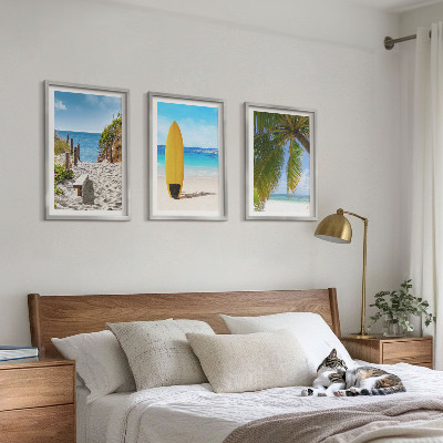 Conjunto de 3 quadros com moldura Praias de férias, ondas, palmeiras