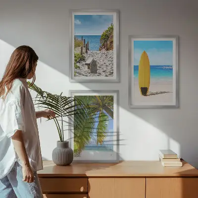 Conjunto de 3 quadros com moldura de praias de férias com ondas e palmeiras