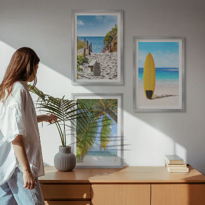 Conjunto de 3 quadros com moldura Praias de férias, ondas, palmeiras
