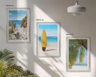 Conjunto de 3 quadros com moldura de praias de férias com ondas e palmeiras