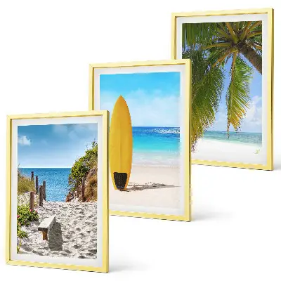 Conjunto de 3 quadros com moldura de praias de férias com ondas e palmeiras