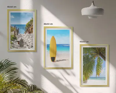 Conjunto de 3 quadros com moldura de praias de férias com ondas e palmeiras