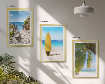 Conjunto de 3 quadros com moldura Praias de férias, ondas, palmeiras