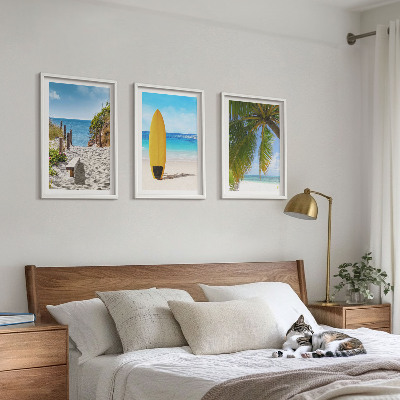 Conjunto de 3 quadros com moldura Praias de férias, ondas, palmeiras