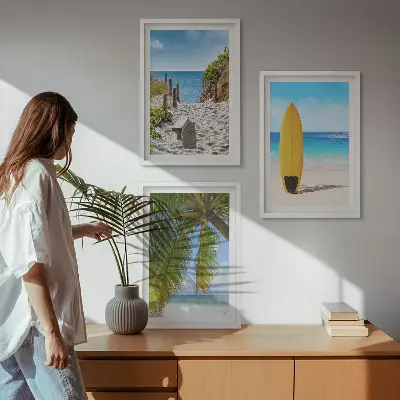 Conjunto de 3 quadros com moldura de praias de férias com ondas e palmeiras