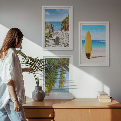 Conjunto de 3 quadros com moldura Praias de férias, ondas, palmeiras