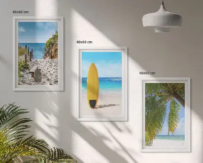 Conjunto de 3 quadros com moldura de praias de férias com ondas e palmeiras