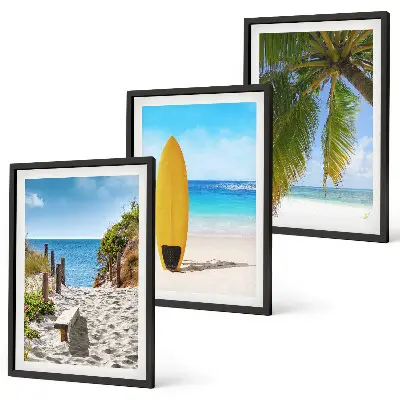 Conjunto de 3 quadros com moldura de praias de férias com ondas e palmeiras