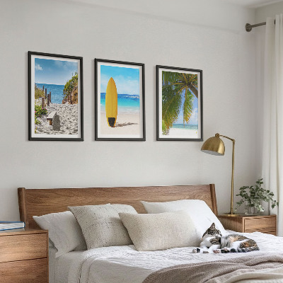 Conjunto de 3 quadros com moldura Praias de férias, ondas, palmeiras