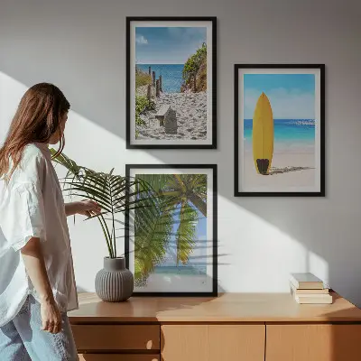 Conjunto de 3 quadros com moldura de praias de férias com ondas e palmeiras