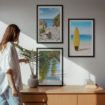 Conjunto de 3 quadros com moldura Praias de férias, ondas, palmeiras