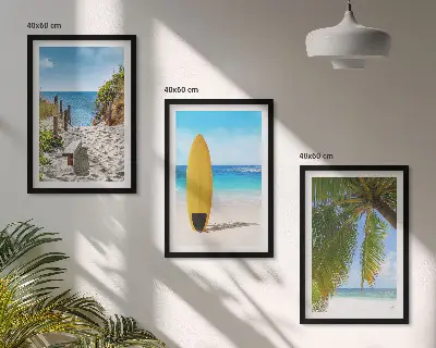 Conjunto de 3 quadros com moldura de praias de férias com ondas e palmeiras