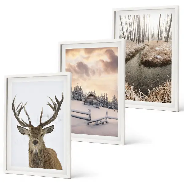 Conjunto de quadros para sala de estar com paisagem de inverno e cabana de veados