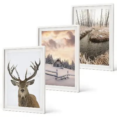 Conjunto de quadros para sala de estar com paisagem de inverno e cabana de veados