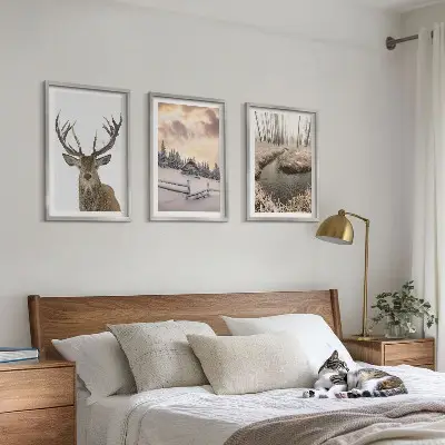 Conjunto de quadros para sala de estar com paisagem de inverno e cabana de veados