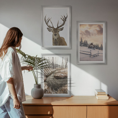 Conjunto de quadros para sala de estar cabana de veados em paisagem de inverno