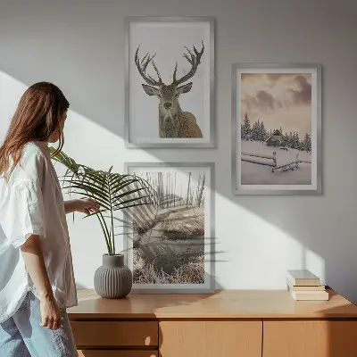 Conjunto de quadros para sala de estar com paisagem de inverno e cabana de veados