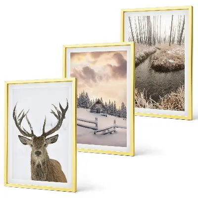 Conjunto de quadros para sala de estar com paisagem de inverno e cabana de veados