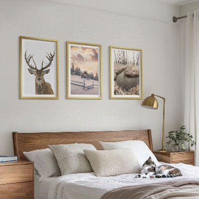 Conjunto de quadros para sala de estar cabana de veados em paisagem de inverno