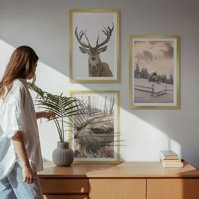 Conjunto de quadros para sala de estar com paisagem de inverno e cabana de veados