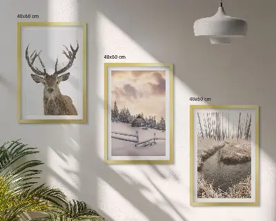 Conjunto de quadros para sala de estar com paisagem de inverno e cabana de veados