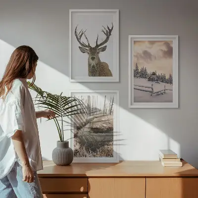 Conjunto de quadros para sala de estar com paisagem de inverno e cabana de veados