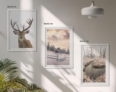 Conjunto de quadros para sala de estar cabana de veados em paisagem de inverno
