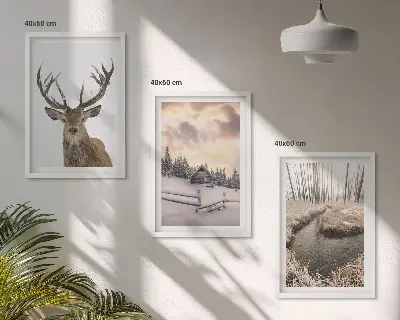Conjunto de quadros para sala de estar com paisagem de inverno e cabana de veados