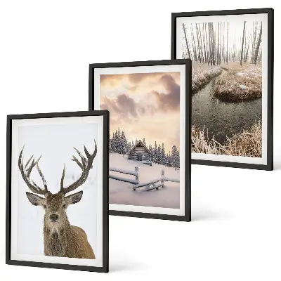 Conjunto de quadros para sala de estar com paisagem de inverno e cabana de veados