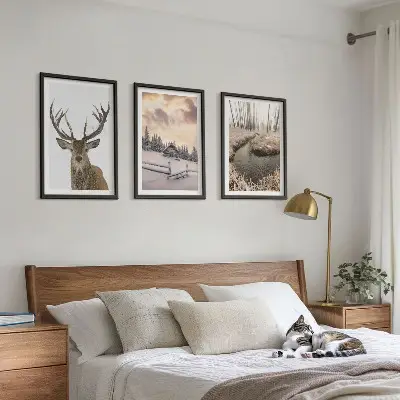 Conjunto de quadros para sala de estar com paisagem de inverno e cabana de veados