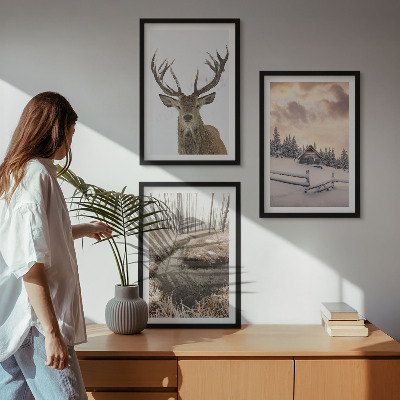 Conjunto de quadros para sala de estar cabana de veados em paisagem de inverno